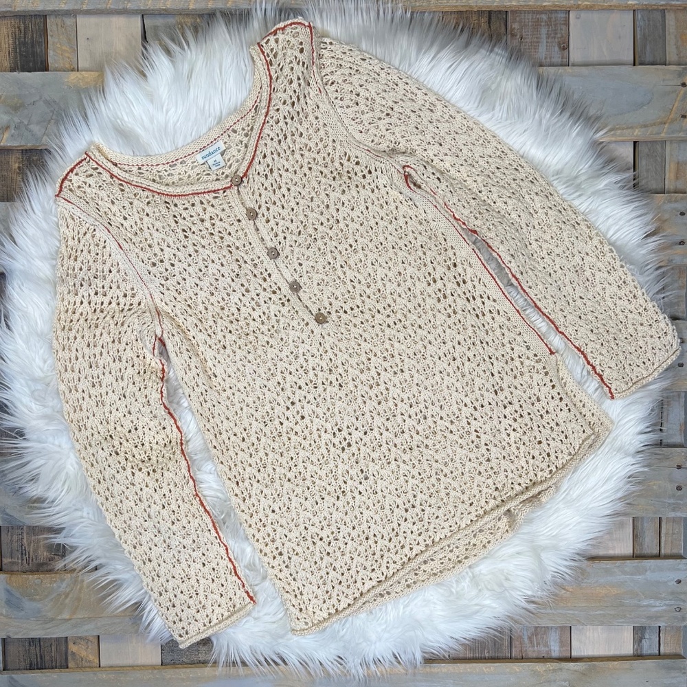 EUC [Sundance] Crochet Oatmeal Button Down Loose Knit Tunic Sweater Top | Medium